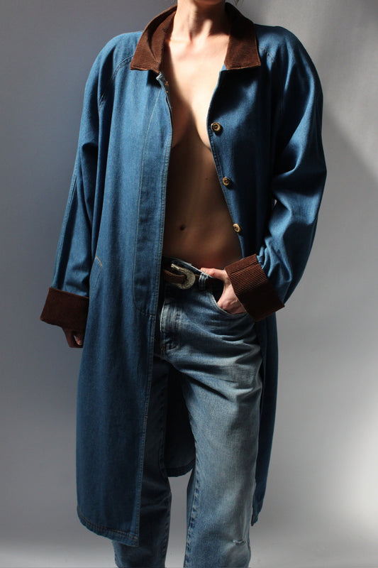 Vintage Corduroy-Accented Denim Long Jacket