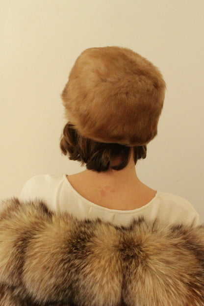 Vintage Tall Brown Faux Fur Pillbox Hat