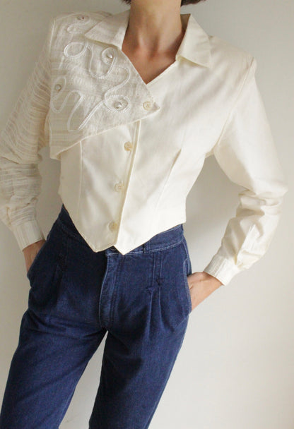 Vintage Western Pearl-Accented Cropped Blouse