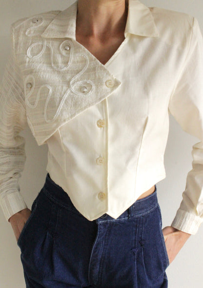 Vintage Western Pearl-Accented Cropped Blouse