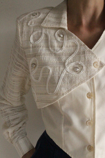 Vintage Western Pearl-Accented Cropped Blouse