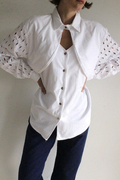 Vintage Crisp White Lattice Sleeve Western Shirt