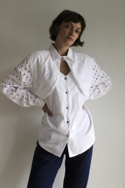 Vintage Crisp White Lattice Sleeve Western Shirt