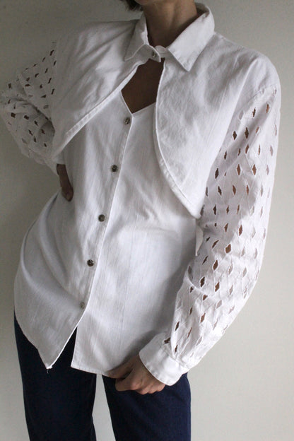 Vintage Crisp White Lattice Sleeve Western Shirt