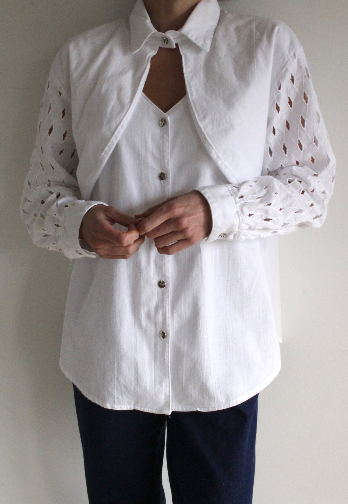 Vintage Crisp White Lattice Sleeve Western Shirt