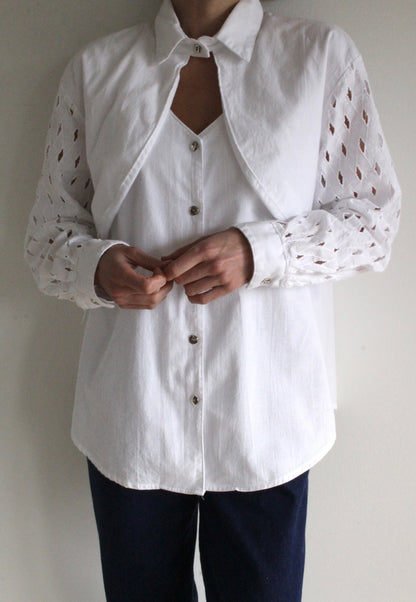 Vintage Crisp White Lattice Sleeve Western Shirt