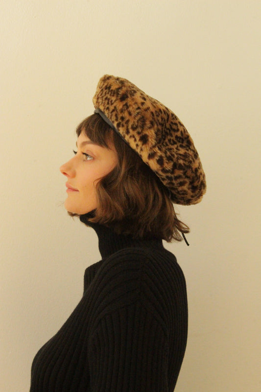 Vintage Leather & Leopard Faux Fur Beret