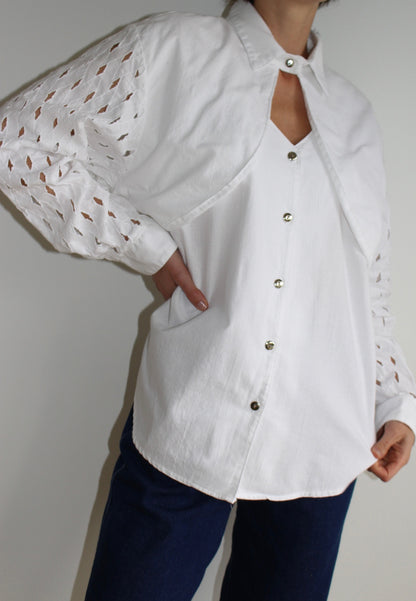 Vintage Crisp White Lattice Sleeve Western Shirt