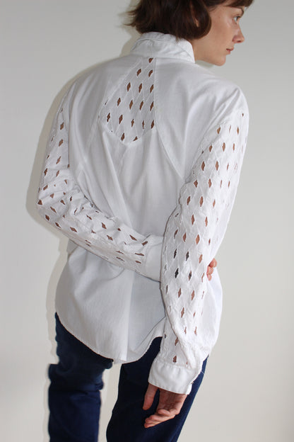 Vintage Crisp White Lattice Sleeve Western Shirt