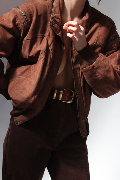 Vintage Cocoa Leather Bomber Jacket