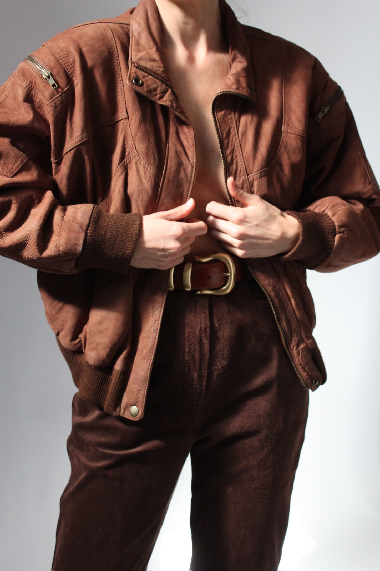 Vintage Cocoa Leather Bomber Jacket