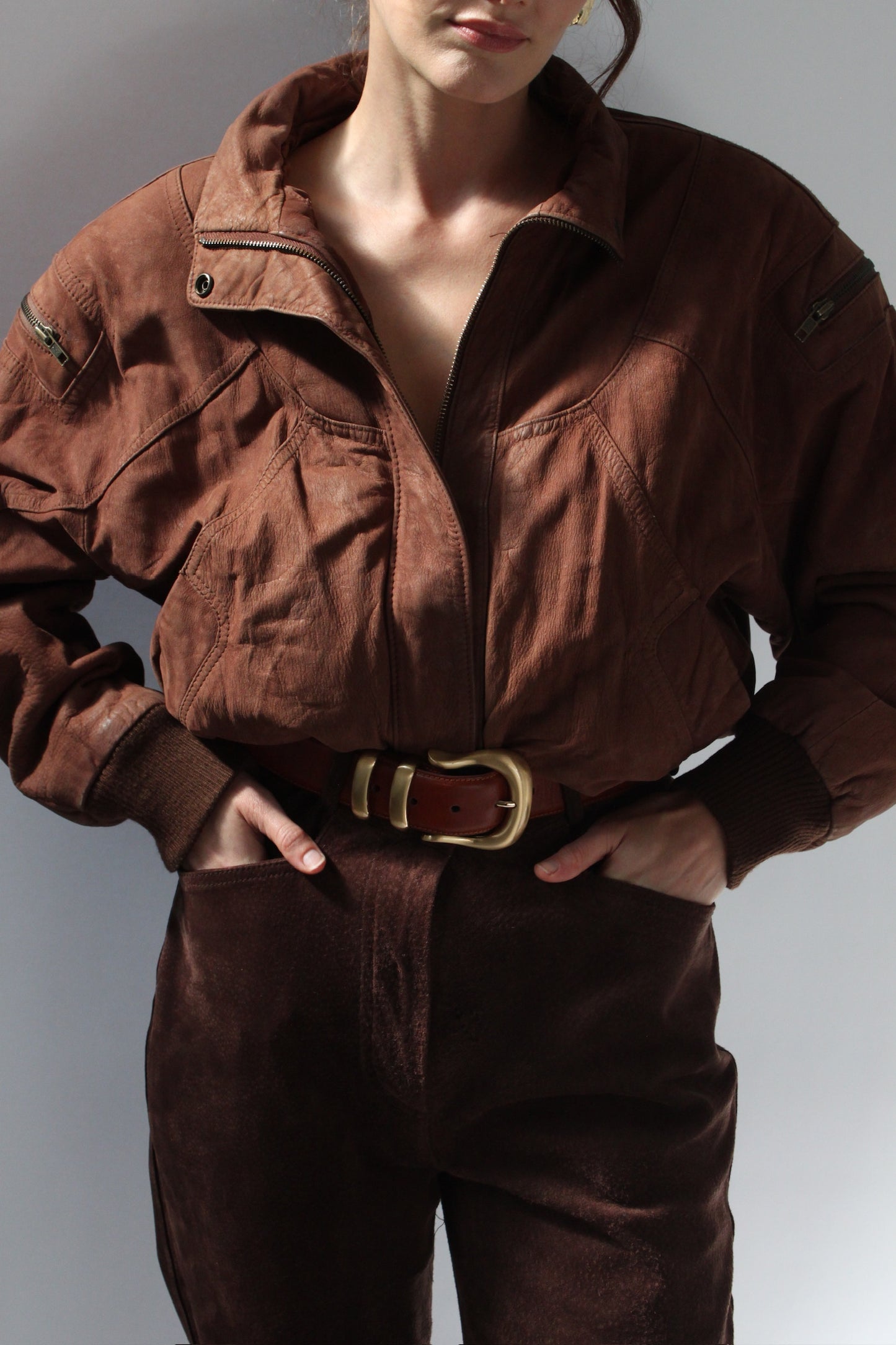 Vintage Cocoa Leather Bomber Jacket