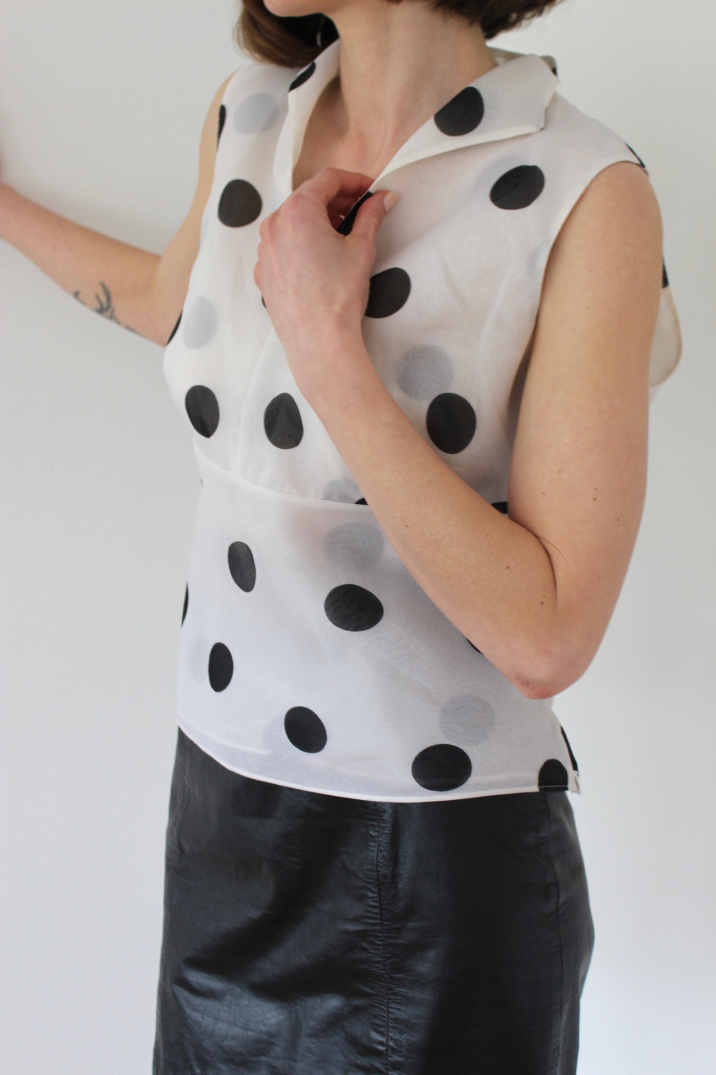 Vintage Pure Silk Polka Dot Collared Top