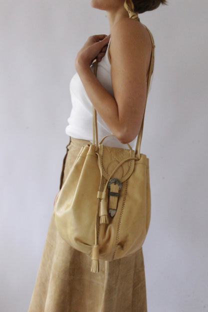 Vintage Sand Leather Tassel Bucket Bag