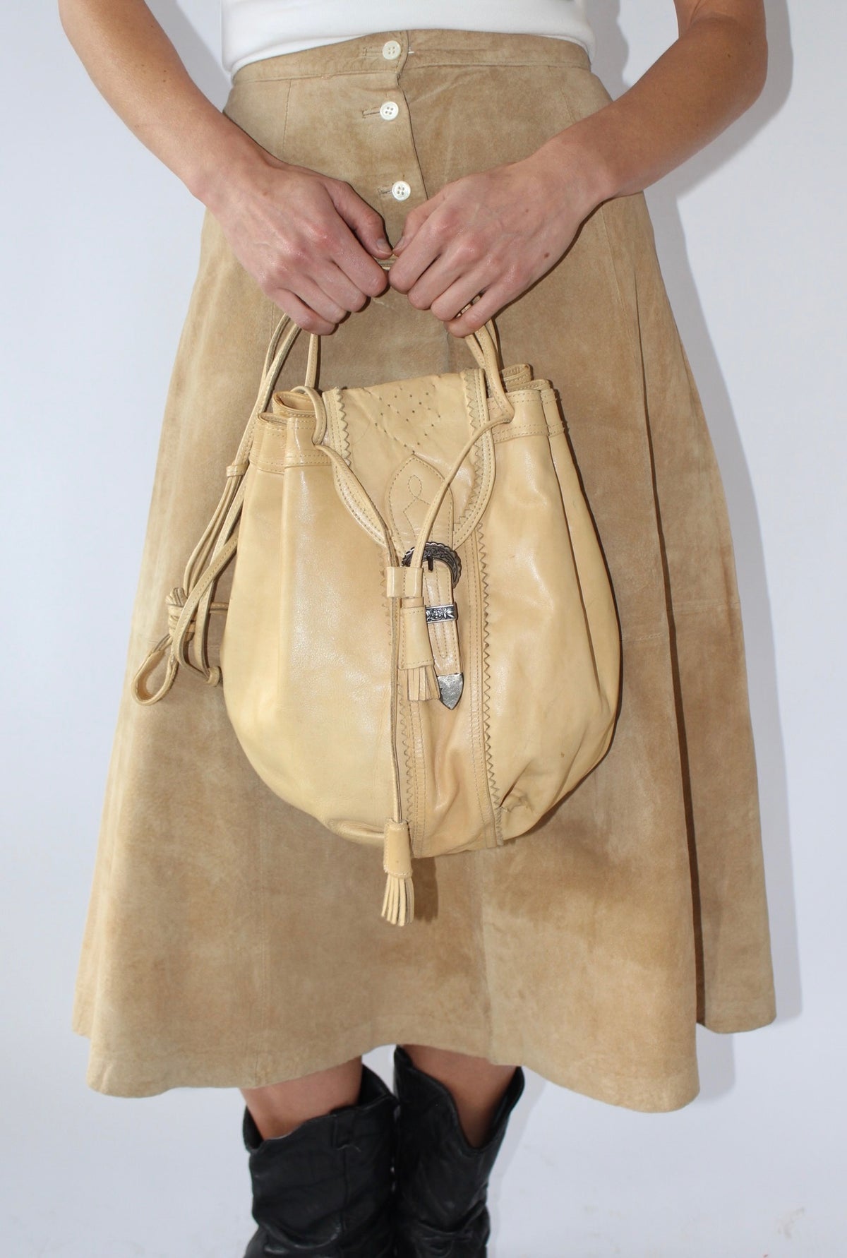 Vintage Sand Leather Tassel Bucket Bag