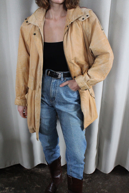 Vintage Camel Leather Hooded Jacket