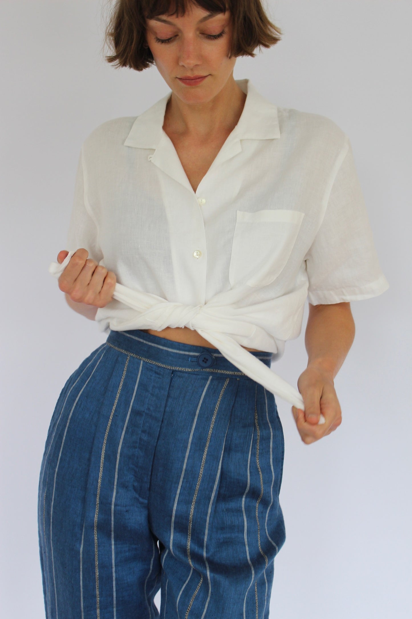 Vintage Eggshell Linen Short Sleeve Blouse