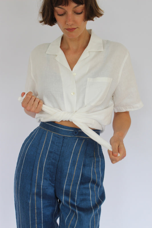 Vintage Eggshell Linen Short Sleeve Blouse