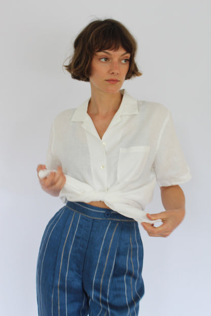 Vintage Eggshell Linen Short Sleeve Blouse
