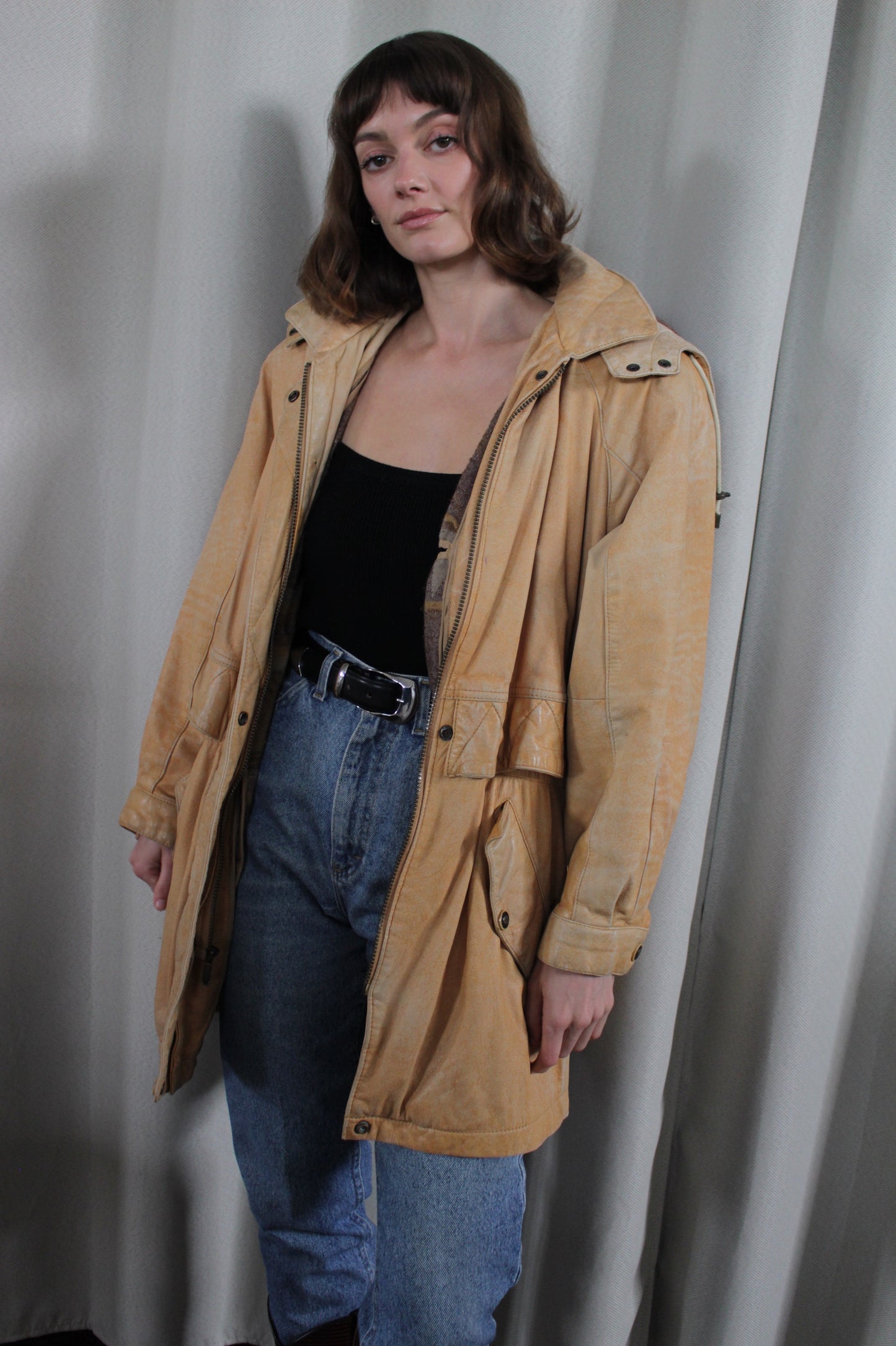 Vintage Camel Leather Hooded Jacket