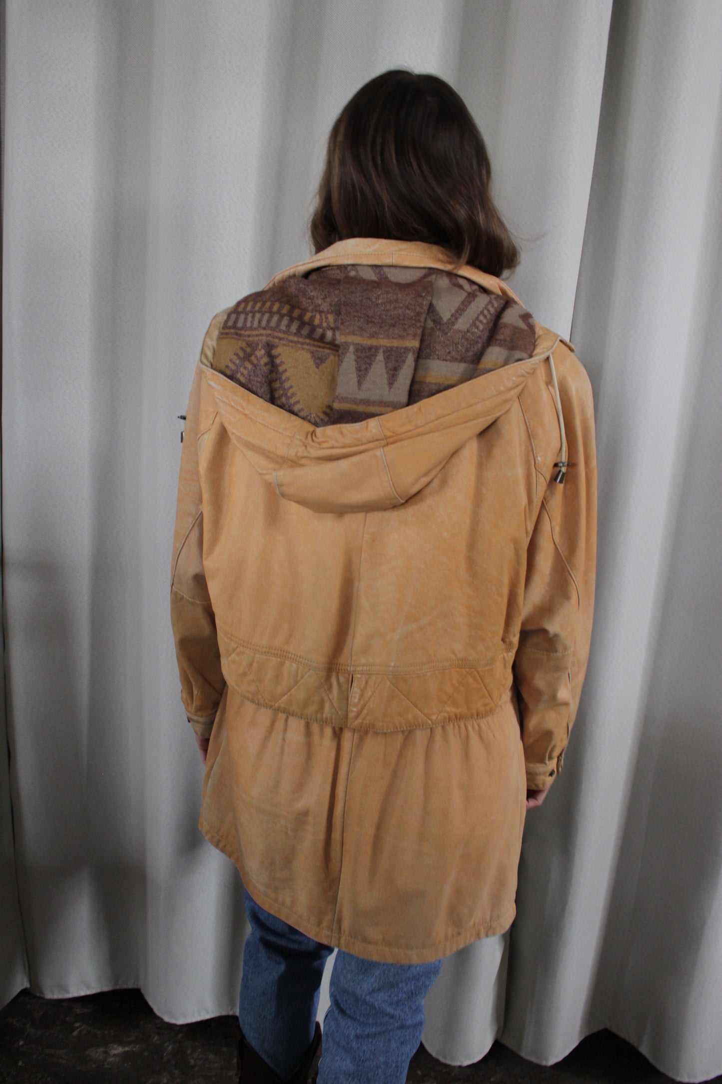 Vintage Camel Leather Hooded Jacket