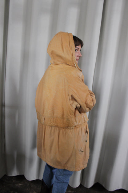 Vintage Camel Leather Hooded Jacket