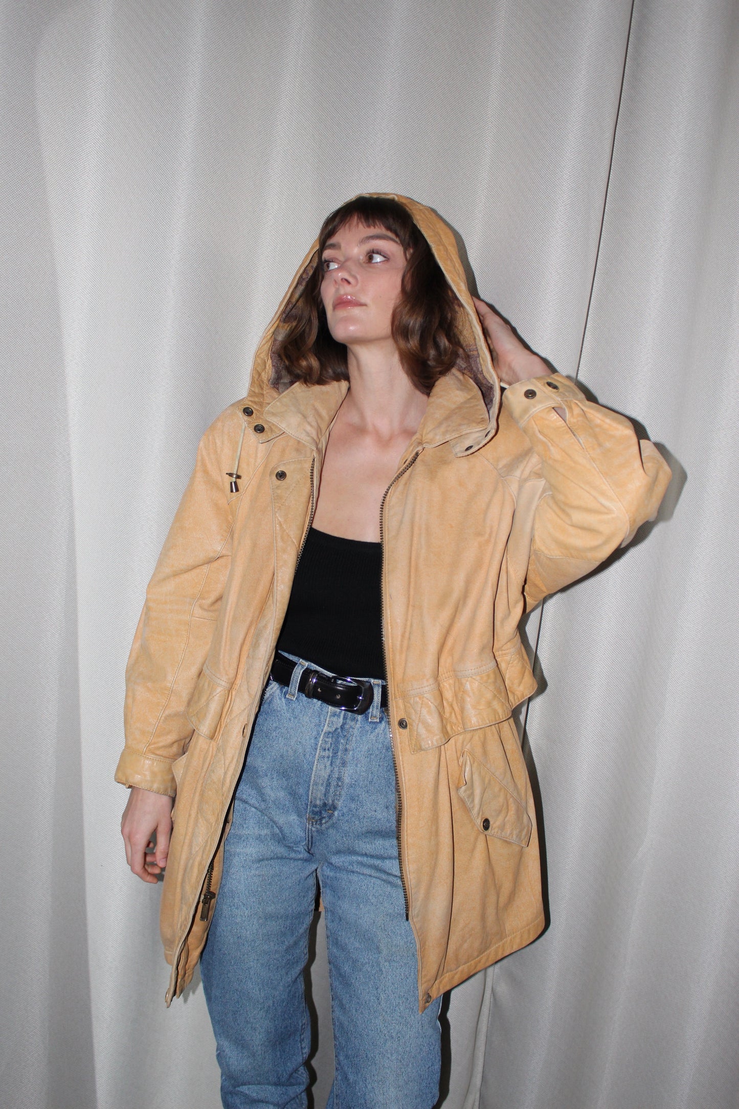 Vintage Camel Leather Hooded Jacket