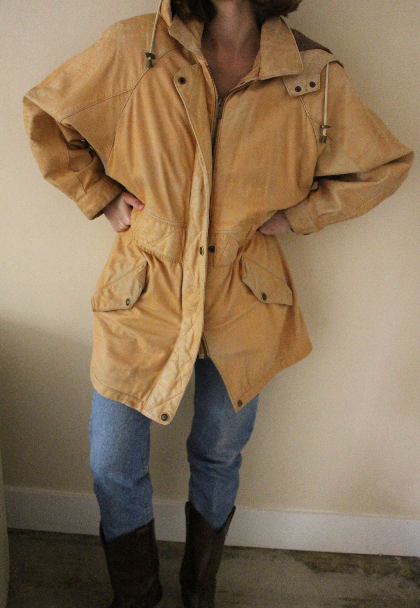 Vintage Camel Leather Hooded Jacket