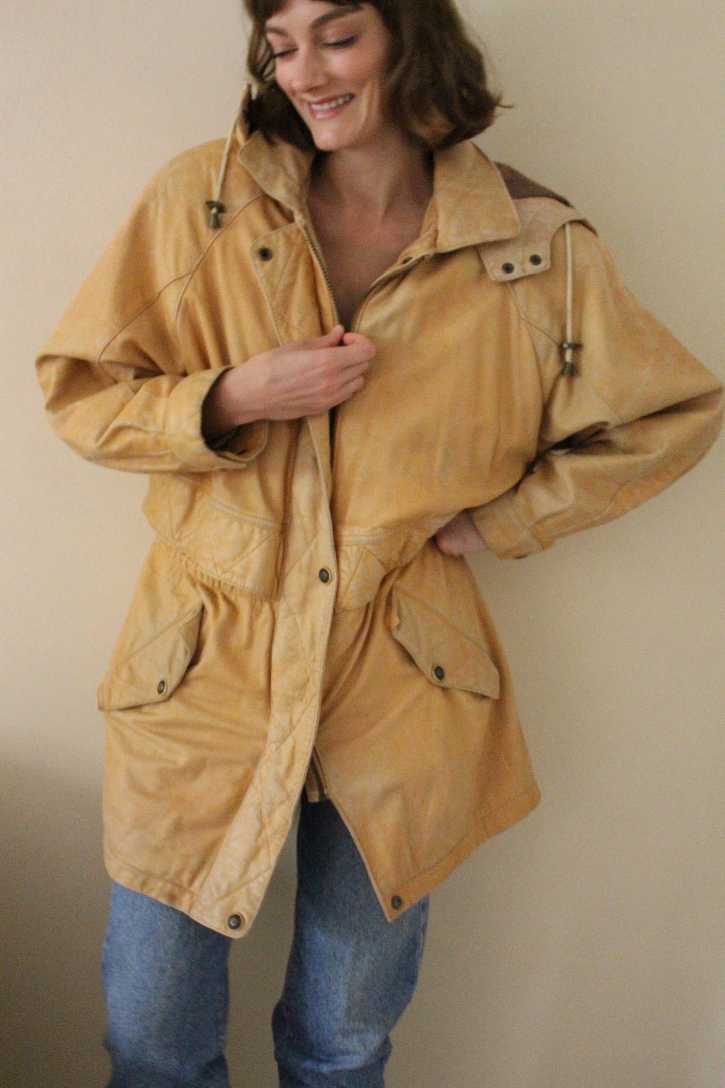 Vintage Camel Leather Hooded Jacket