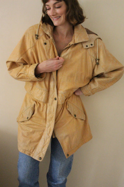Vintage Camel Leather Hooded Jacket