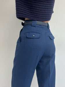 90s Navy Linen Pleated Trousers