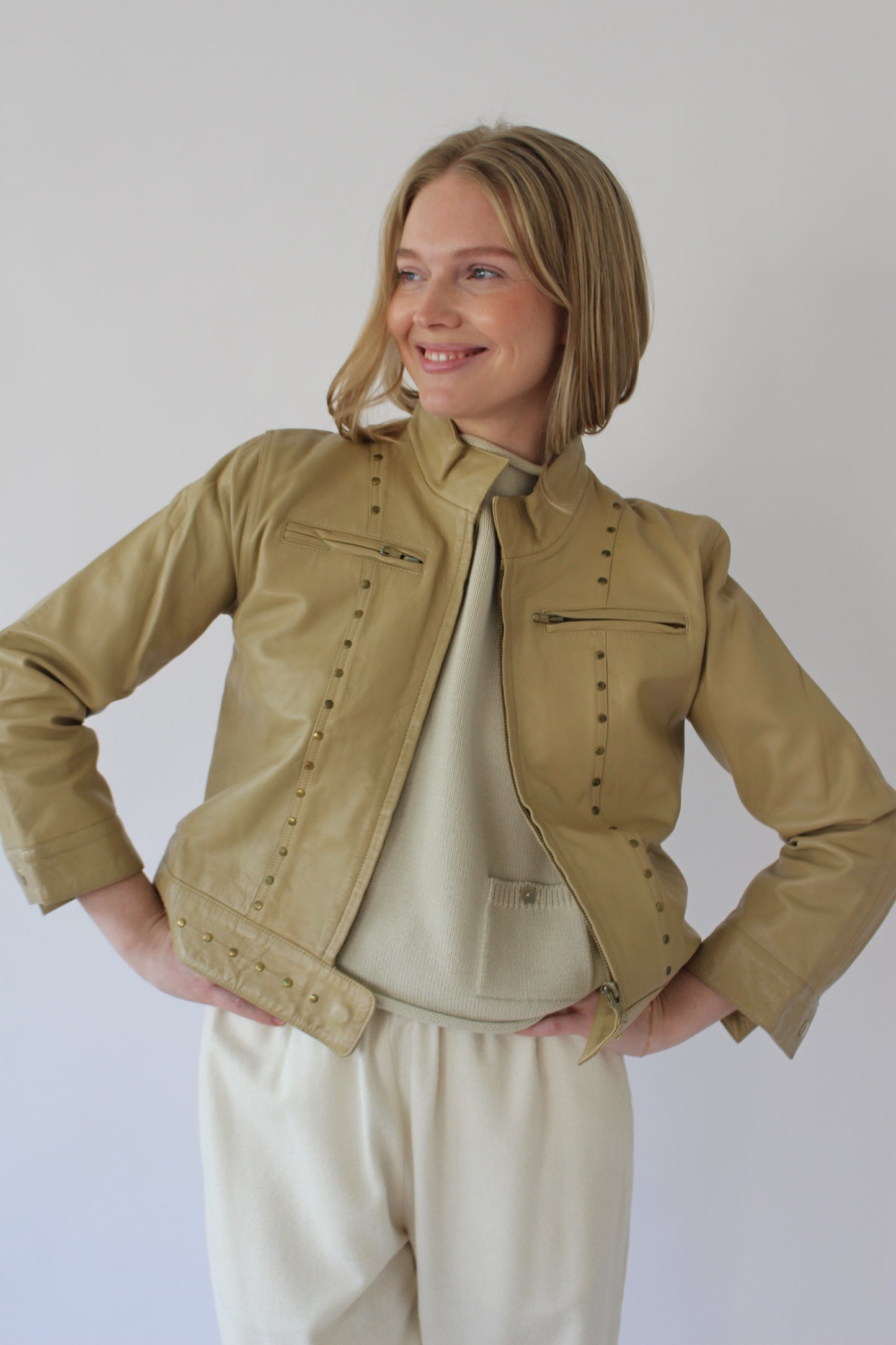 Vintage Studded Cropped Leather Jacket