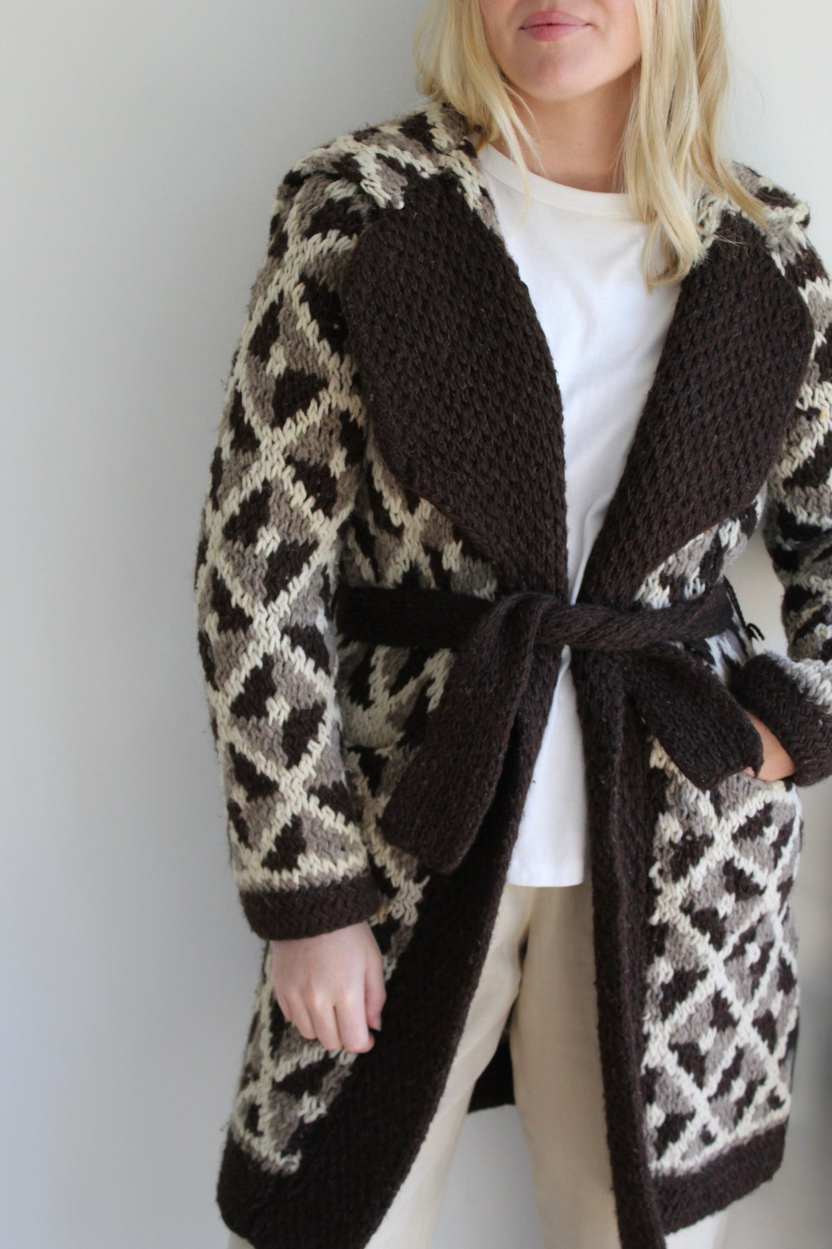 Rare Vintage Hand Knit Wool Belted Duster