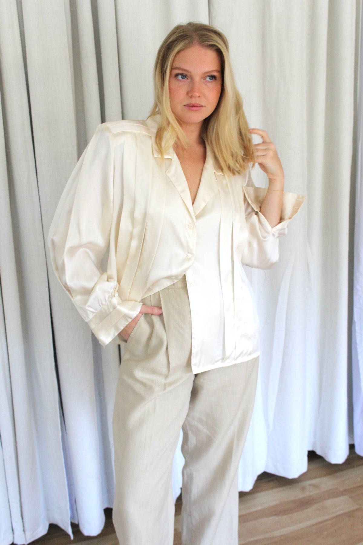 Vintage Cream Silk Charmeuse Pleated Blouse