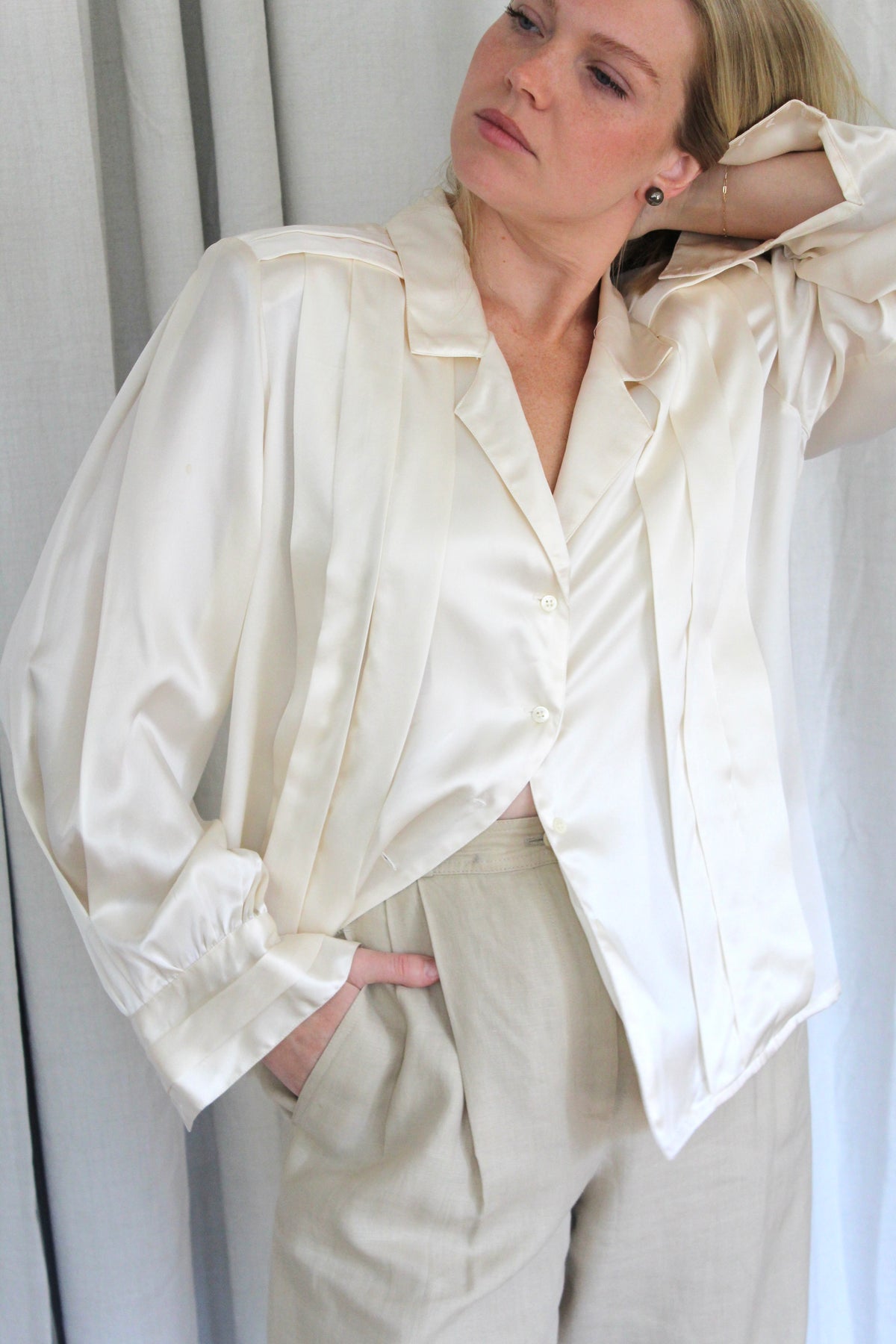 Vintage Cream Silk Charmeuse Pleated Blouse