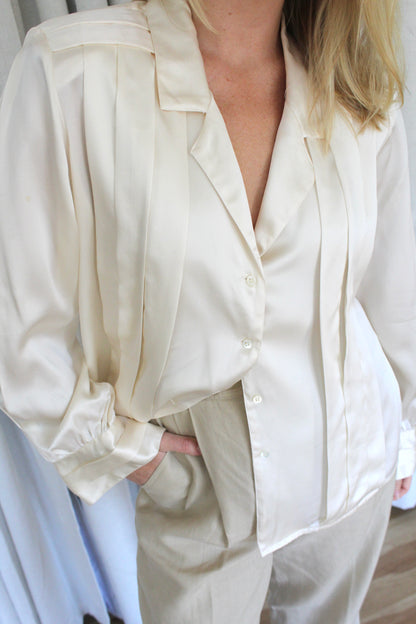 Vintage Cream Silk Charmeuse Pleated Blouse