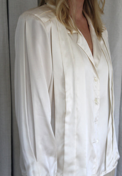 Vintage Cream Silk Charmeuse Pleated Blouse