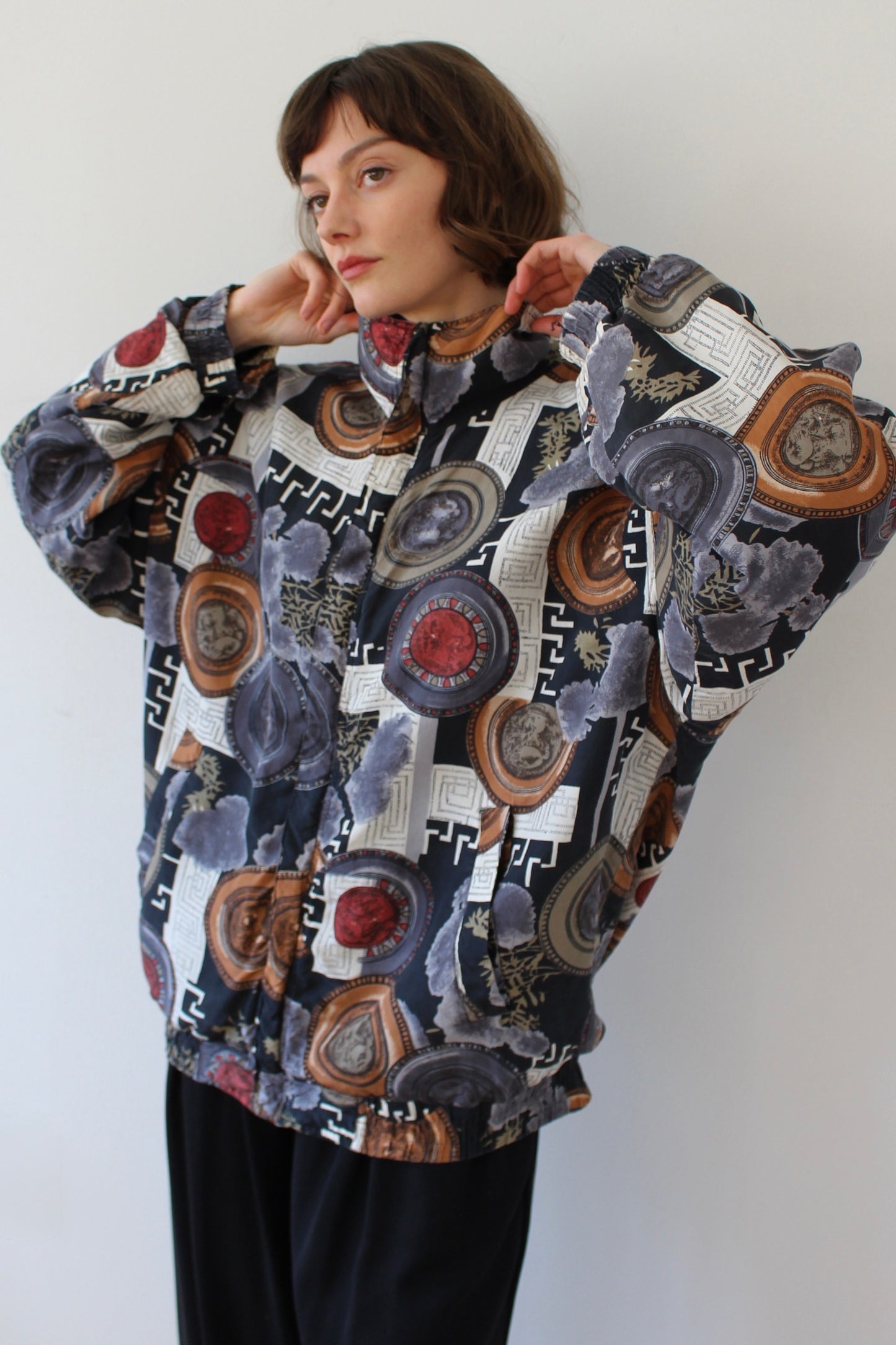 Vintage Grecian Print Silk Bomber