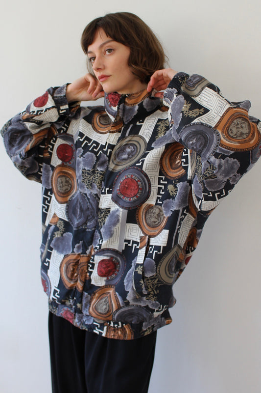 Vintage Grecian Print Silk Bomber