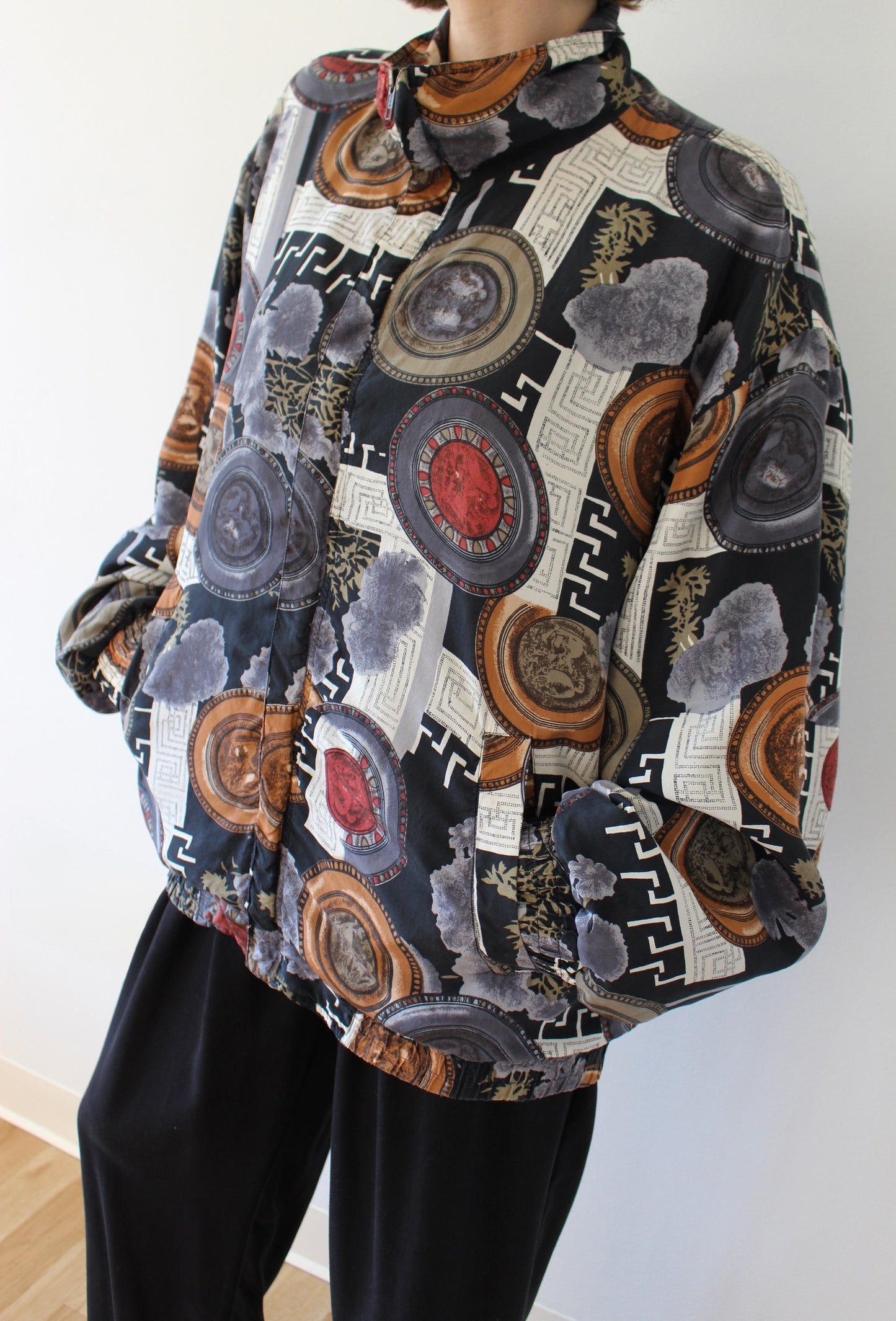 Vintage Grecian Print Silk Bomber