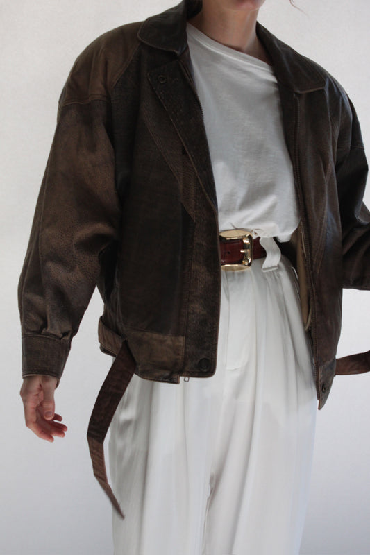 Vintage Pebbled Leather Belted Bomber Jacket