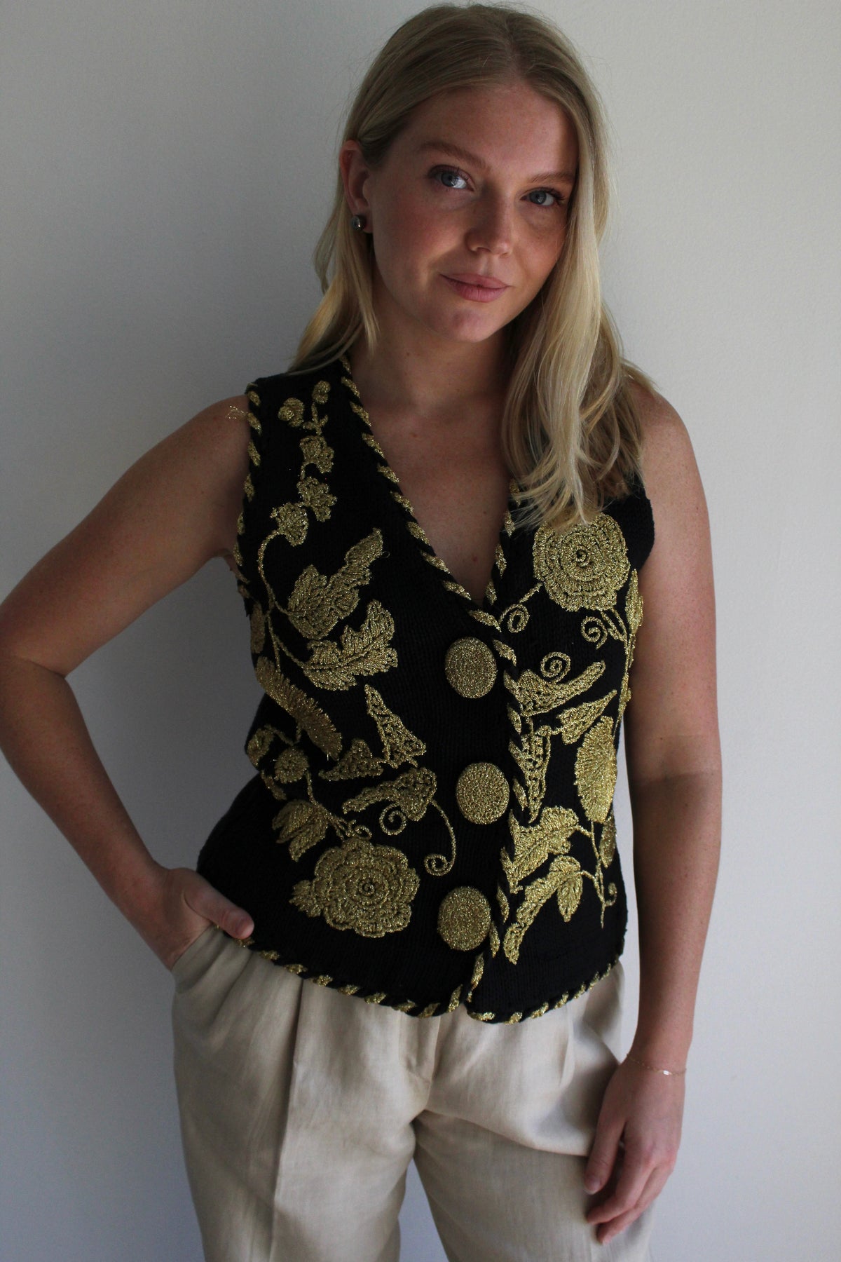 Ornate Vintage Golden Floral Knit Vest