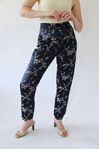 Vintage Embroidered Cherry Blossom Satin Pant