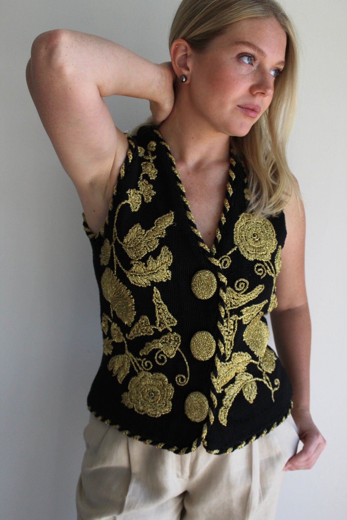 Ornate Vintage Golden Floral Knit Vest