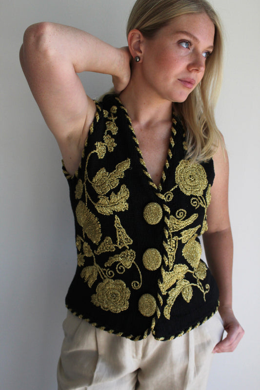Ornate Vintage Golden Floral Knit Vest
