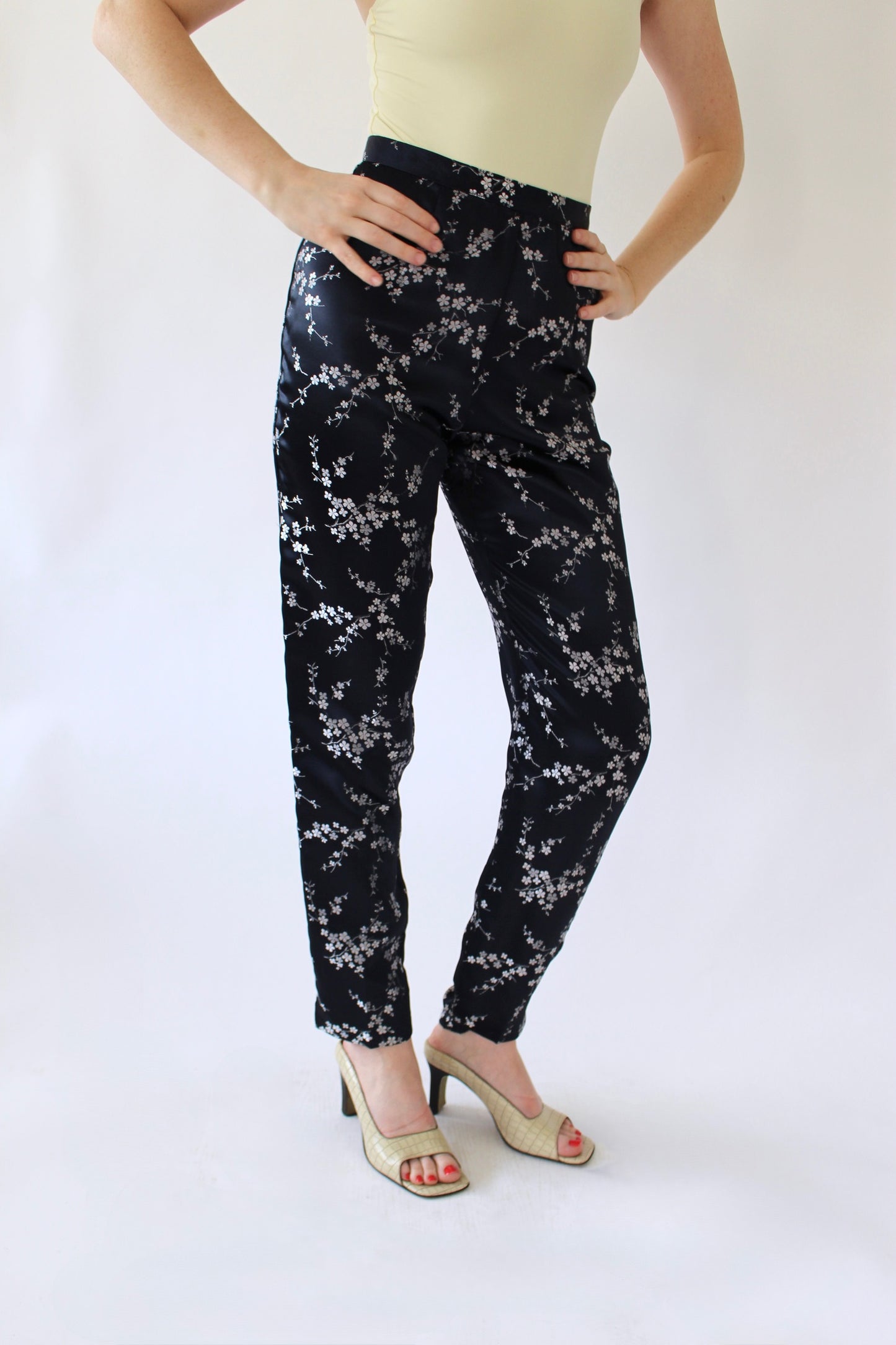 Vintage Embroidered Cherry Blossom Satin Pant