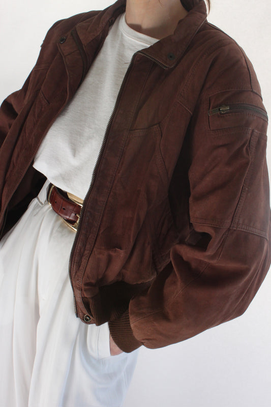 Vintage Cocoa Leather Bomber Jacket