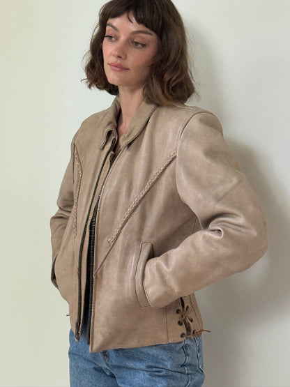 Amazing Vintage Sand Leather Motorcycle Jacket