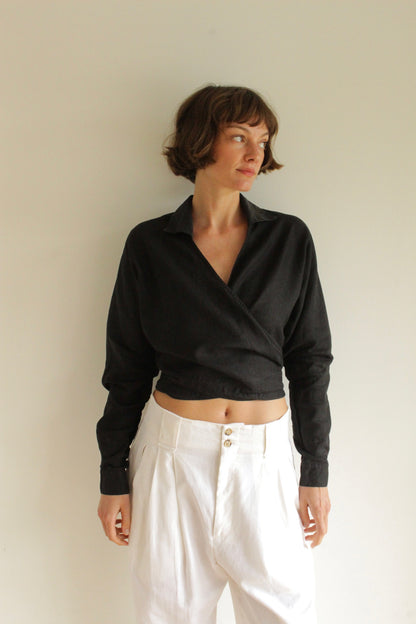 Favorite Vintage Onyx Linen Wrap Blouse