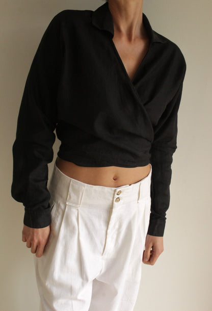 Favorite Vintage Onyx Linen Wrap Blouse